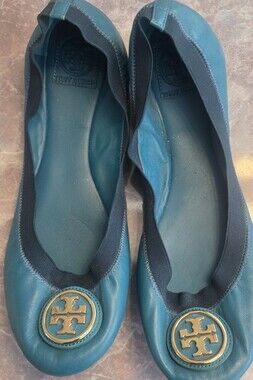 Tory Burch Teal Leather Logo Ballet Flats